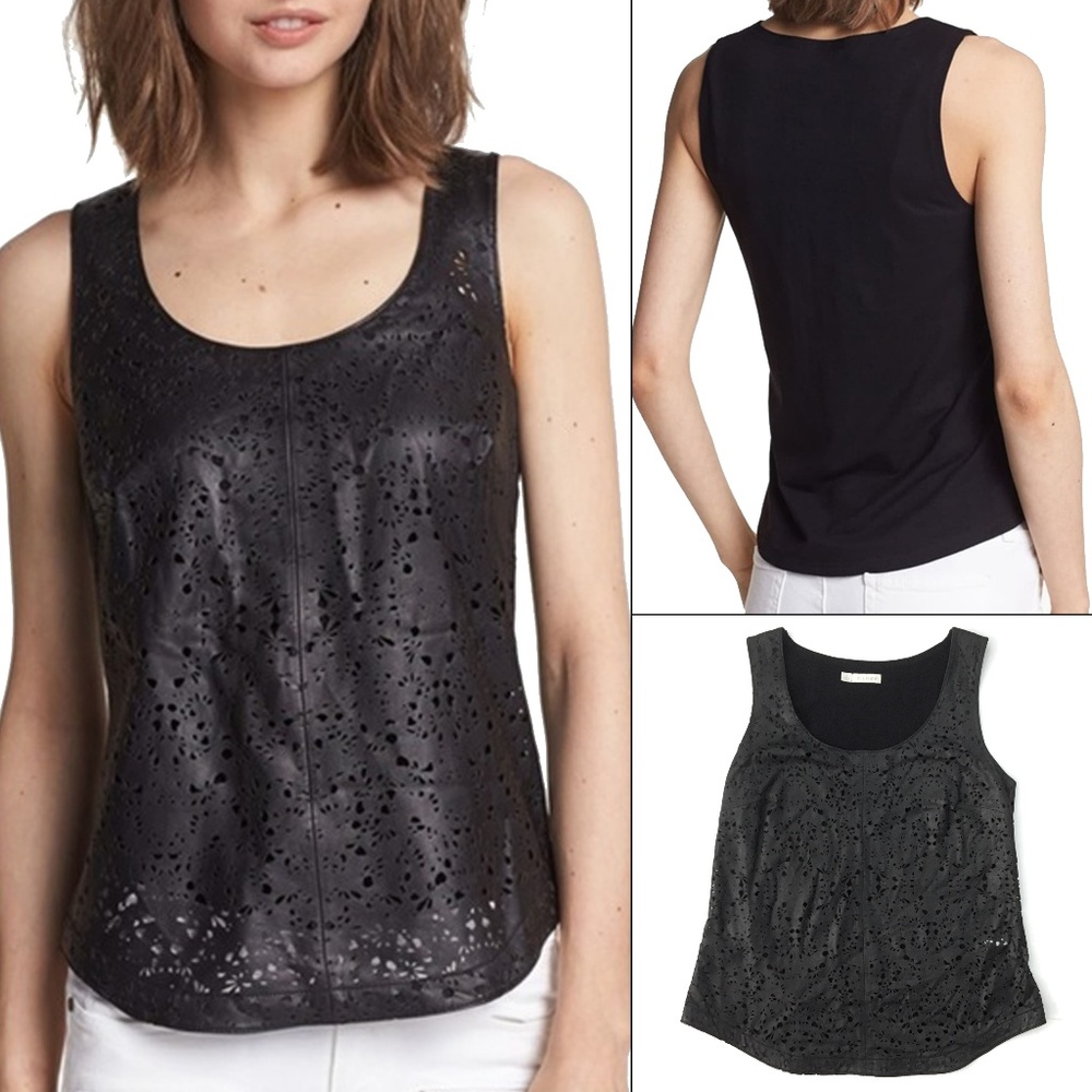 Hinge Black Leather Sleeveless Laser Cut Tank Top